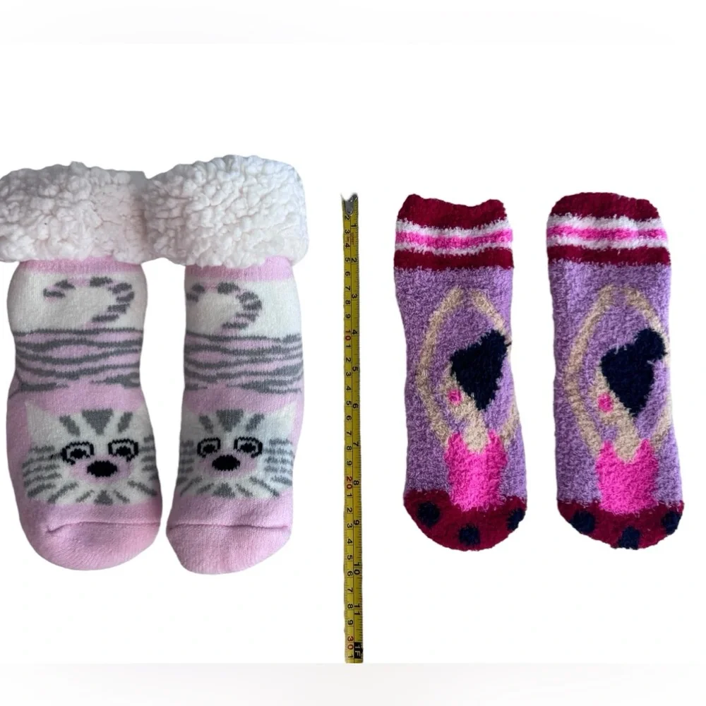 Set of 2 fluffy socks cat with slip resistant feet & ballerina big kid size 1-2